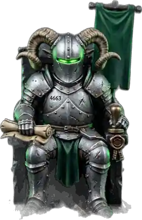 IRONHOOD on his throne holding a decree scroll and a wax seal
